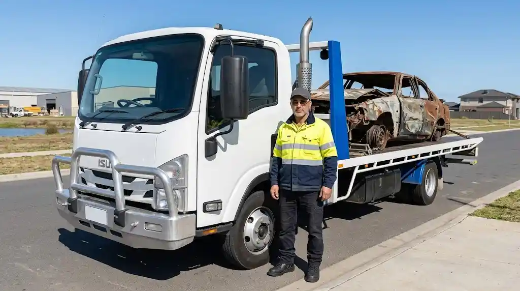 A white Cash2Tow flatbed tow truck safely removing an old scrap car in Werribee for eco-friendly auto recycling in Melbourne