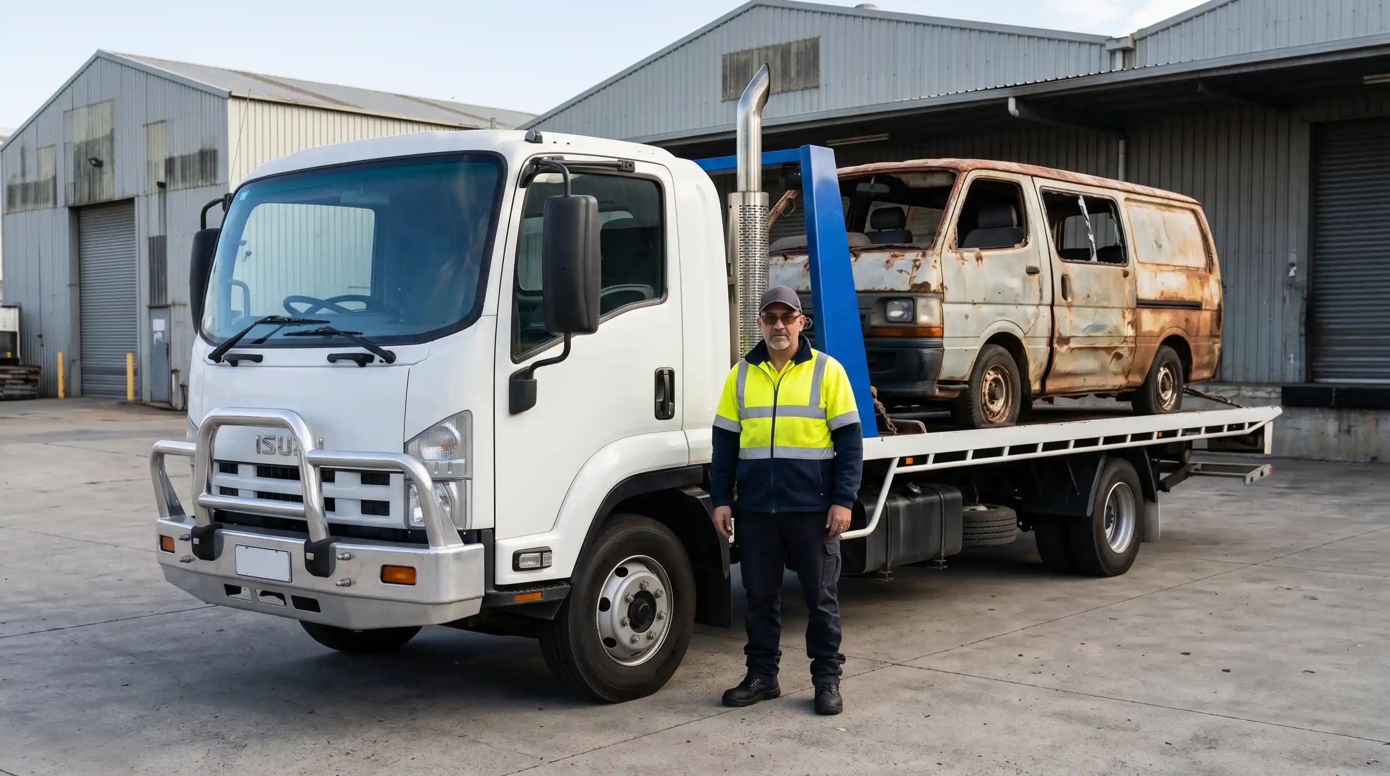 A white Cash2Tow flatbed tow truck loading an unregistered work van in an industrial estate in Laverton, Melbourne.