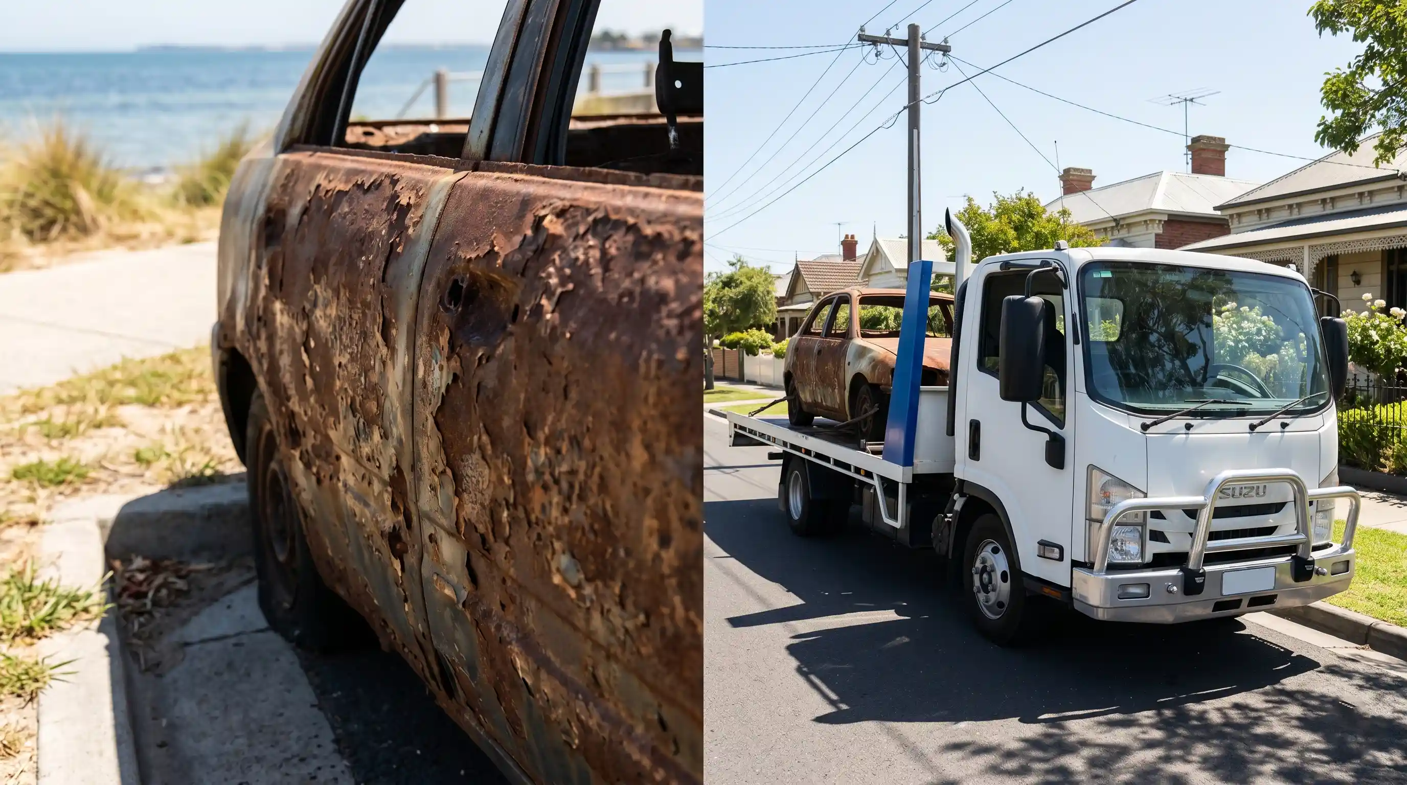 Cash2Tow tow truck loading a rusty car on a residential street near Altona Beach