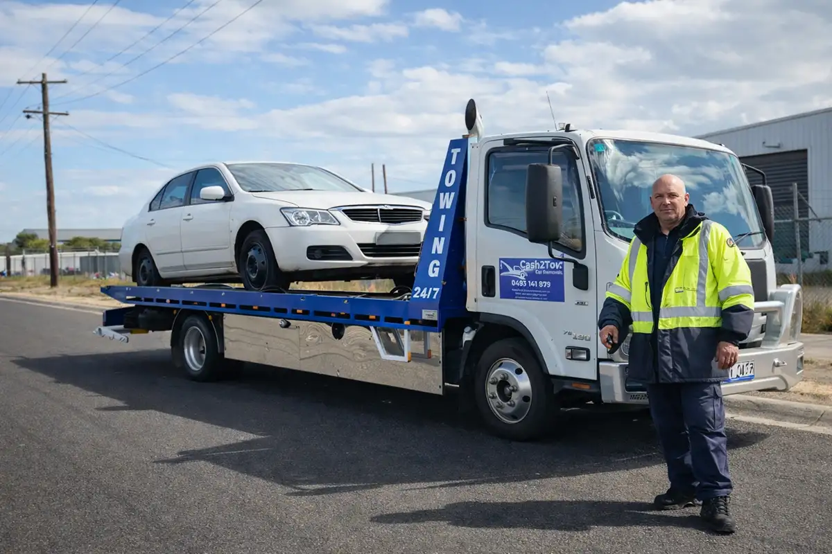 Tilt tray towing a non-running car with no keys and flat tyres in Melbourne West