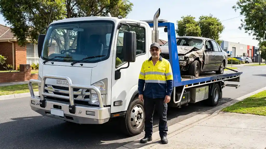 A Cash2Tow flatbed tow truck loading a damaged car in a Melbourne West driveway, illustrating the financial benefit of scrapping over a dealership trade-in.