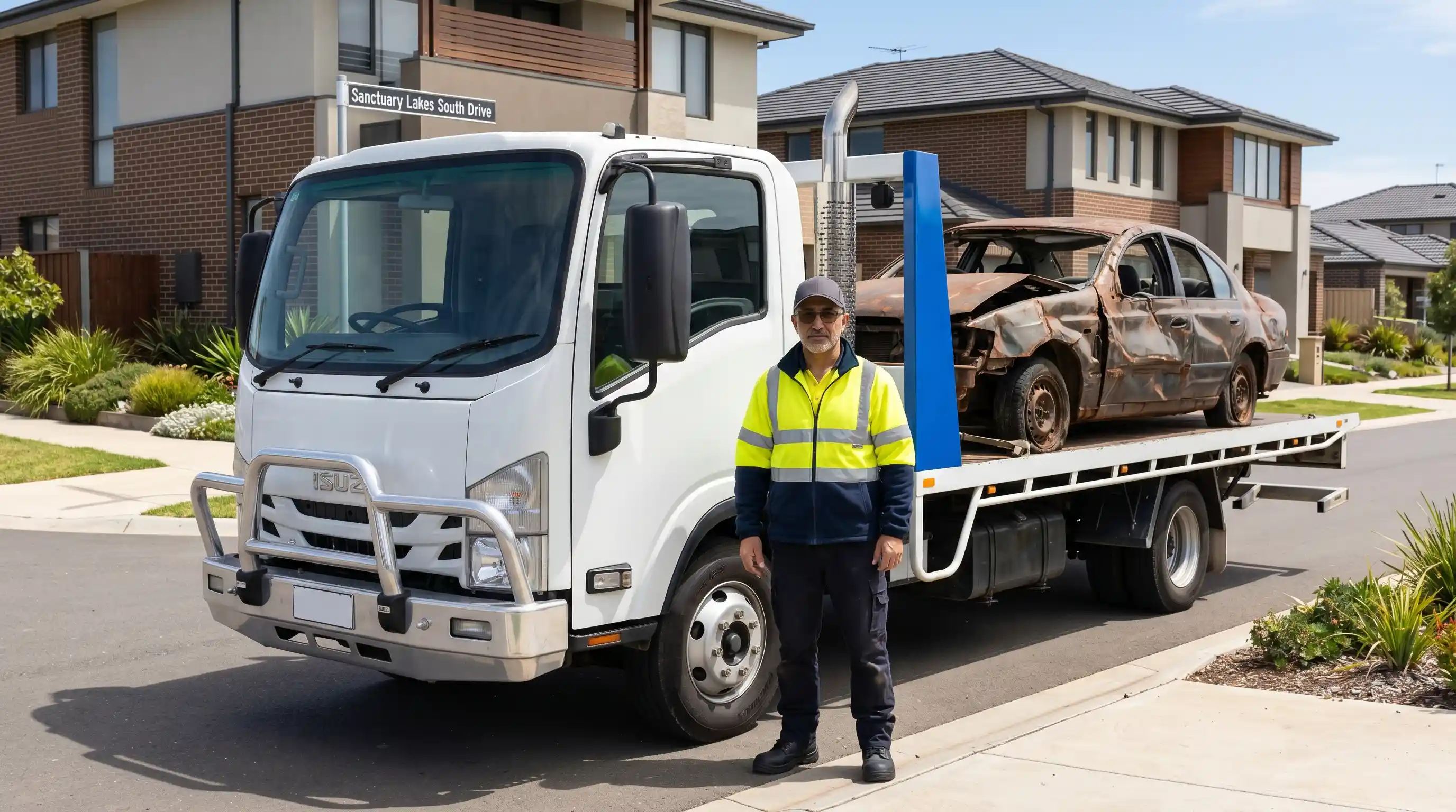 Cash2Tow white flatbed truck loading a rusty unregistered car in a Point Cook 3030 driveway